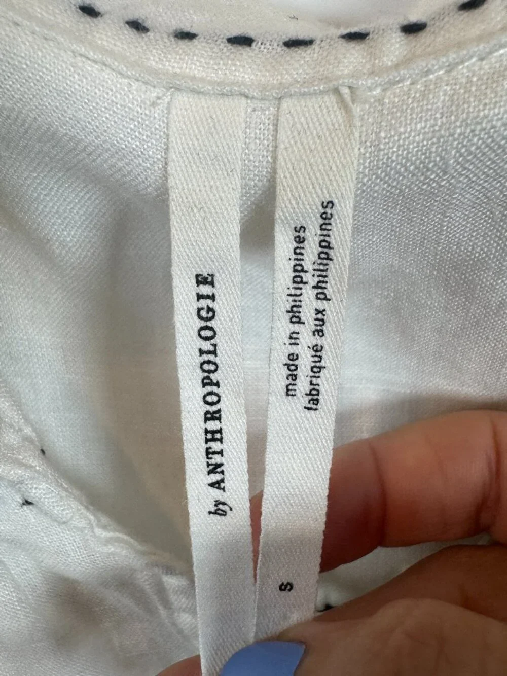 Anthropologie White Linen Contrast Stitch Puff Sleeve Tie Neck Top Size Small